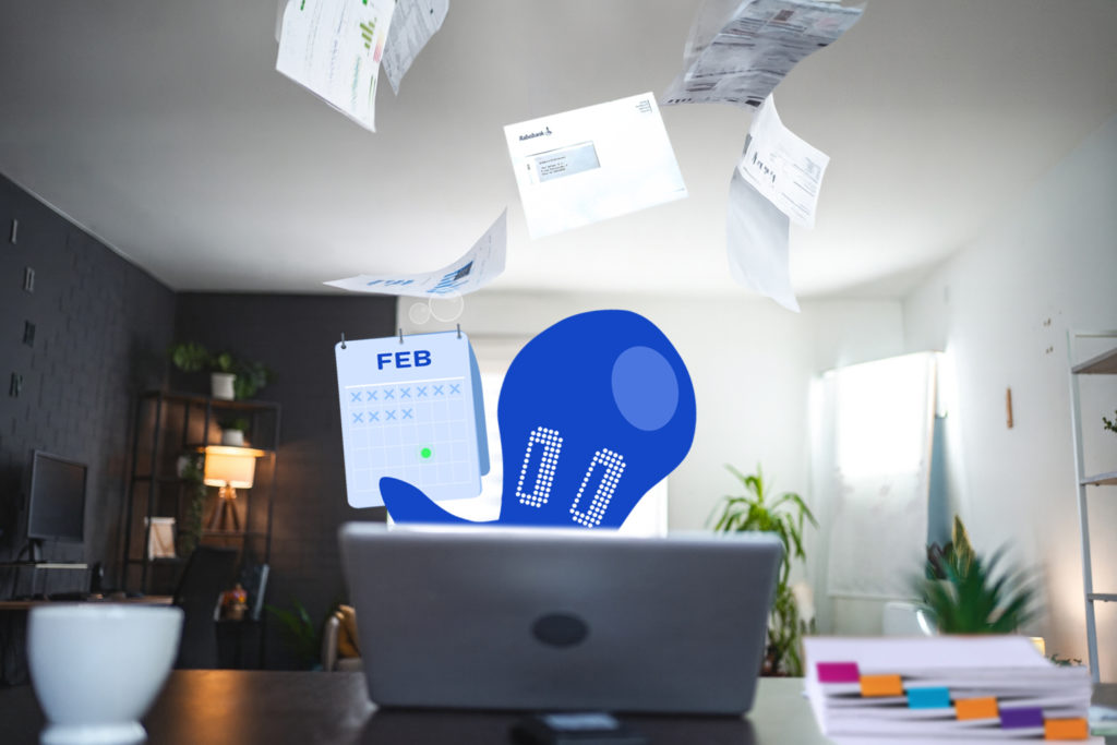 doctopus achter een laptop die bezig is met documentenadministratie en een kalender met deadline laat zien