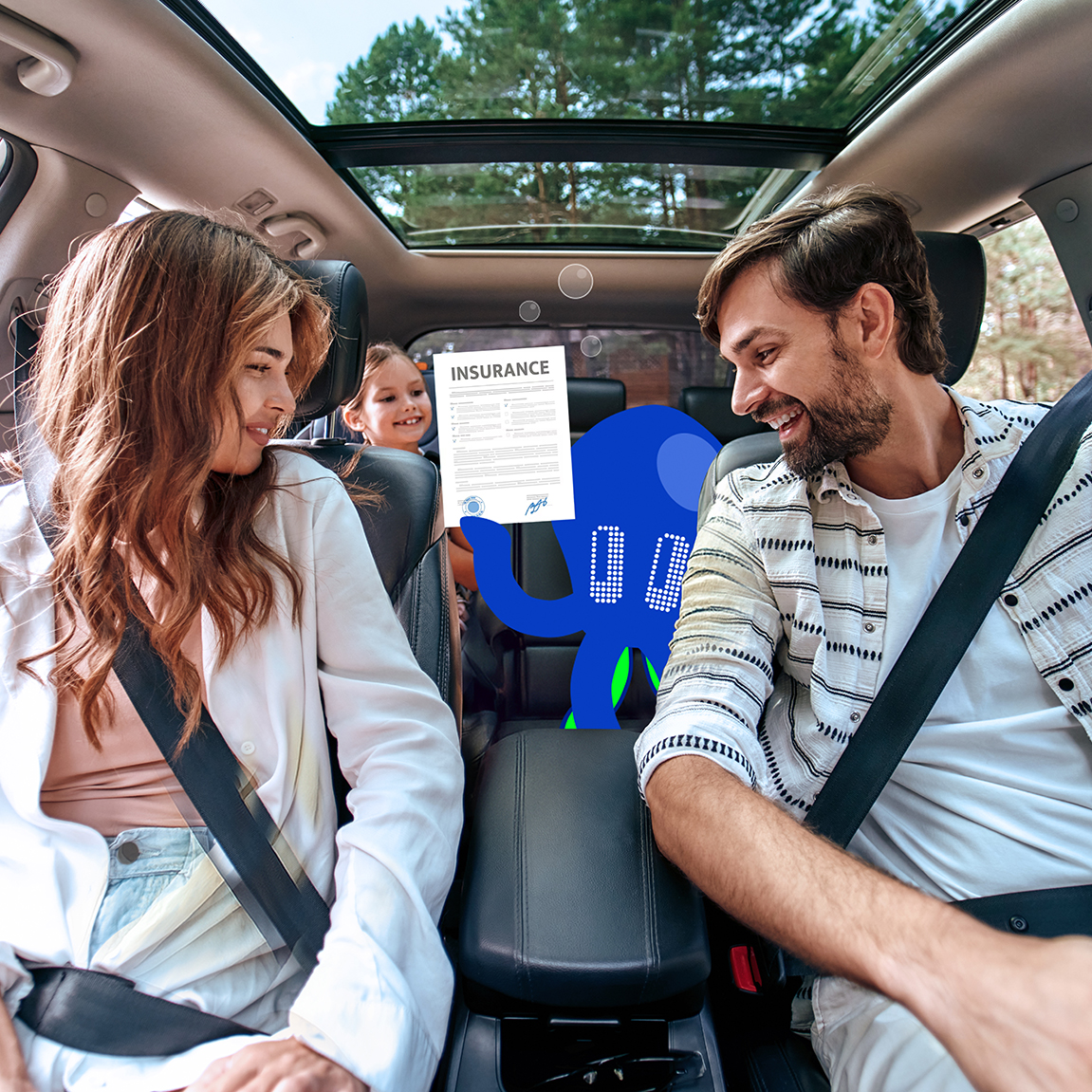 doctopus laat een verzekeringsdocument zien in een auto met gezin
